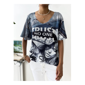 Bluse i strik med print - str. 36-46