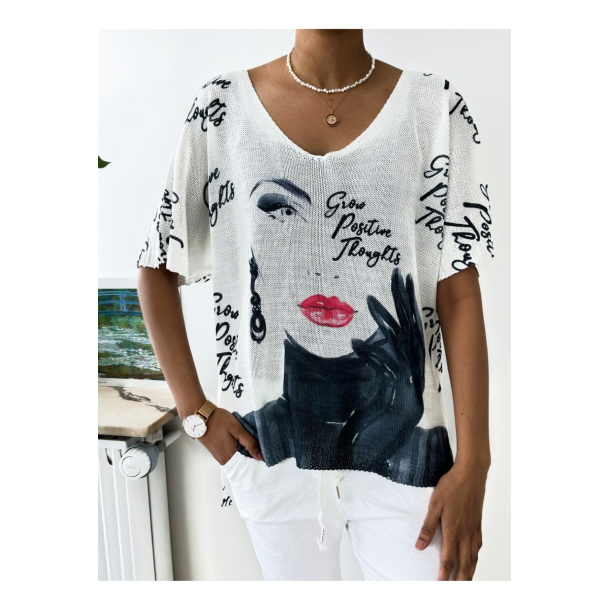 Bluse i strik med print - str. 36-46