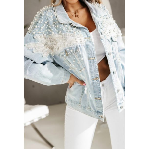 Denim jakke med rhinstene og perler